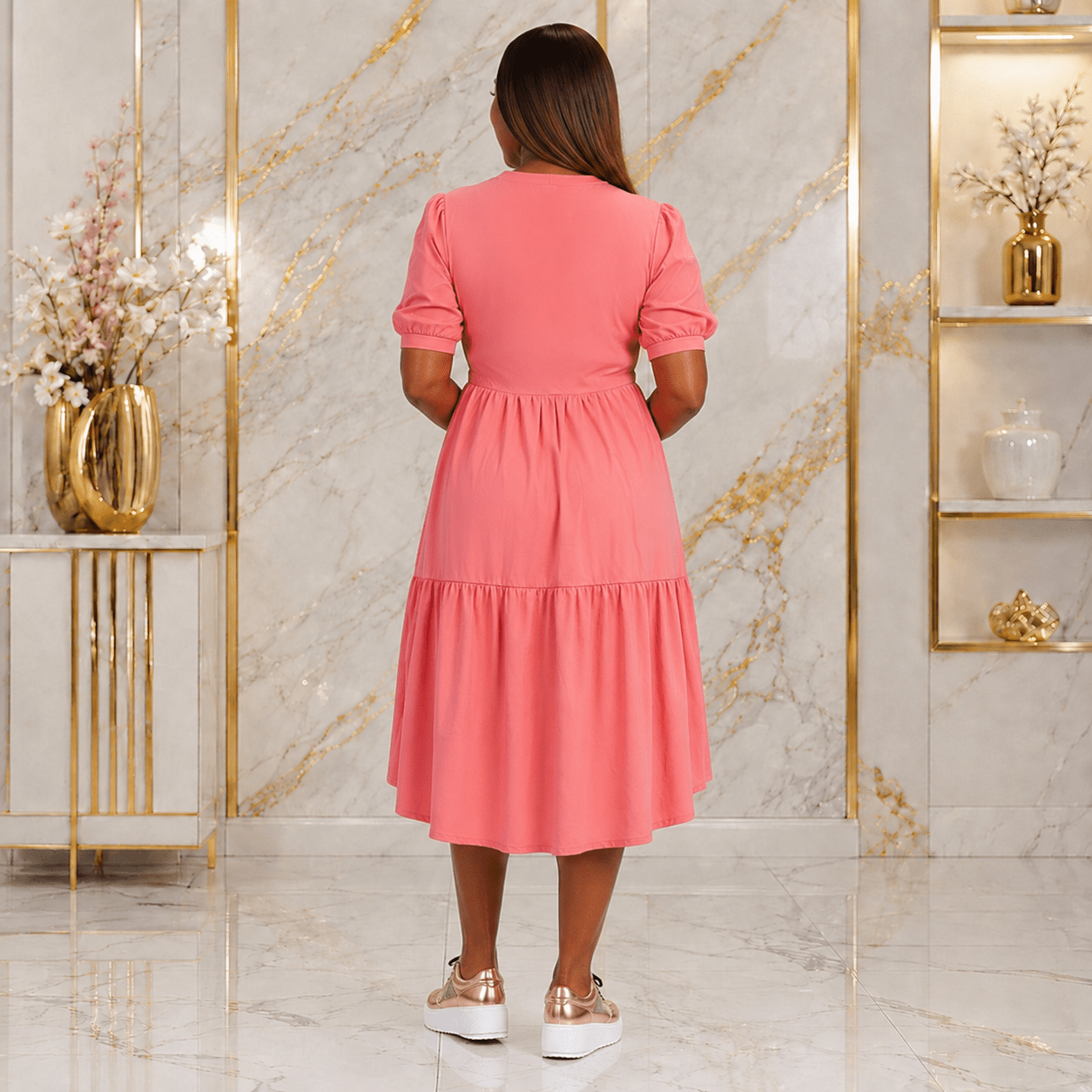 Women’s Tiered High-Low Midi Dress – Elegant Puff Sleeve Round Neck Casual Babydoll Dress - Midi Dresses - Cherubim Aura