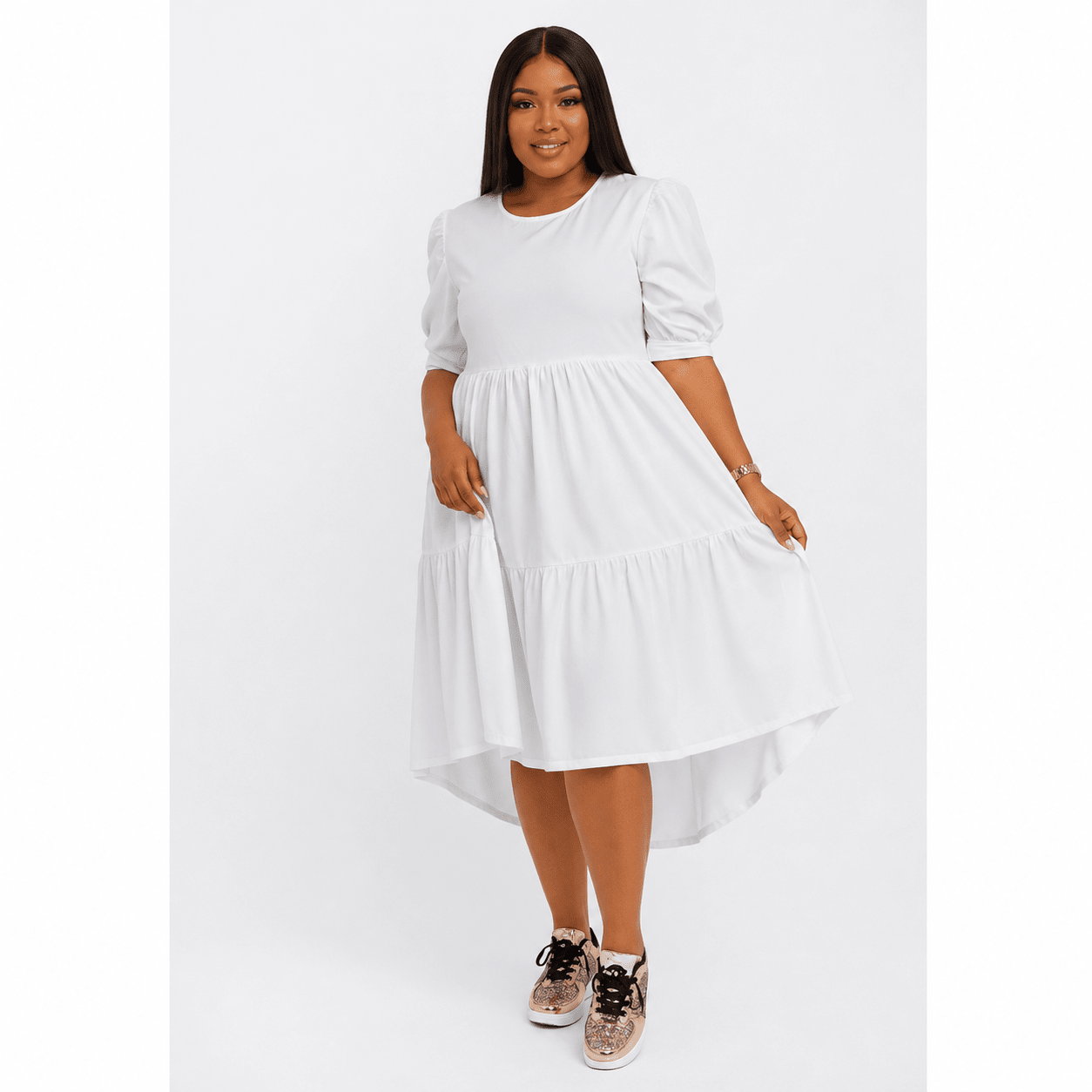 Women’s Tiered High-Low Midi Dress – Elegant Puff Sleeve Round Neck Casual Babydoll Dress - Midi Dresses - Cherubim Aura