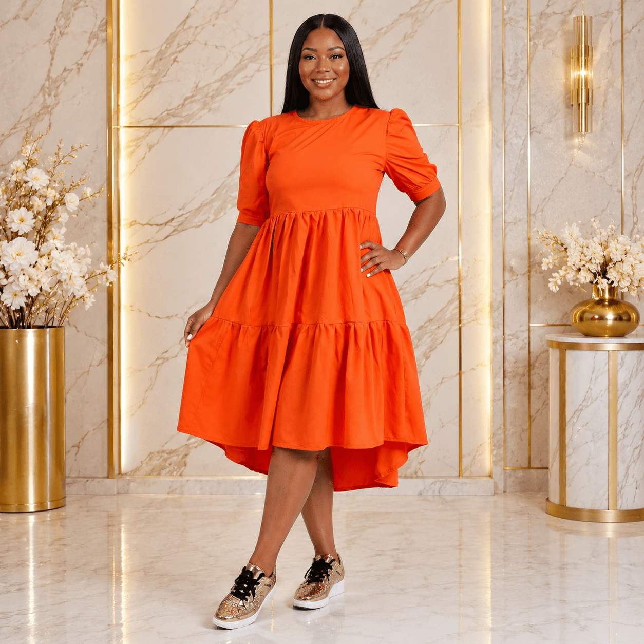 Women’s Tiered High-Low Midi Dress – Elegant Puff Sleeve Round Neck Casual Babydoll Dress - Midi Dresses - Cherubim Aura