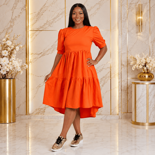 Women’s Tiered High-Low Midi Dress – Elegant Puff Sleeve Round Neck Casual Babydoll Dress - Midi Dresses - Cherubim Aura