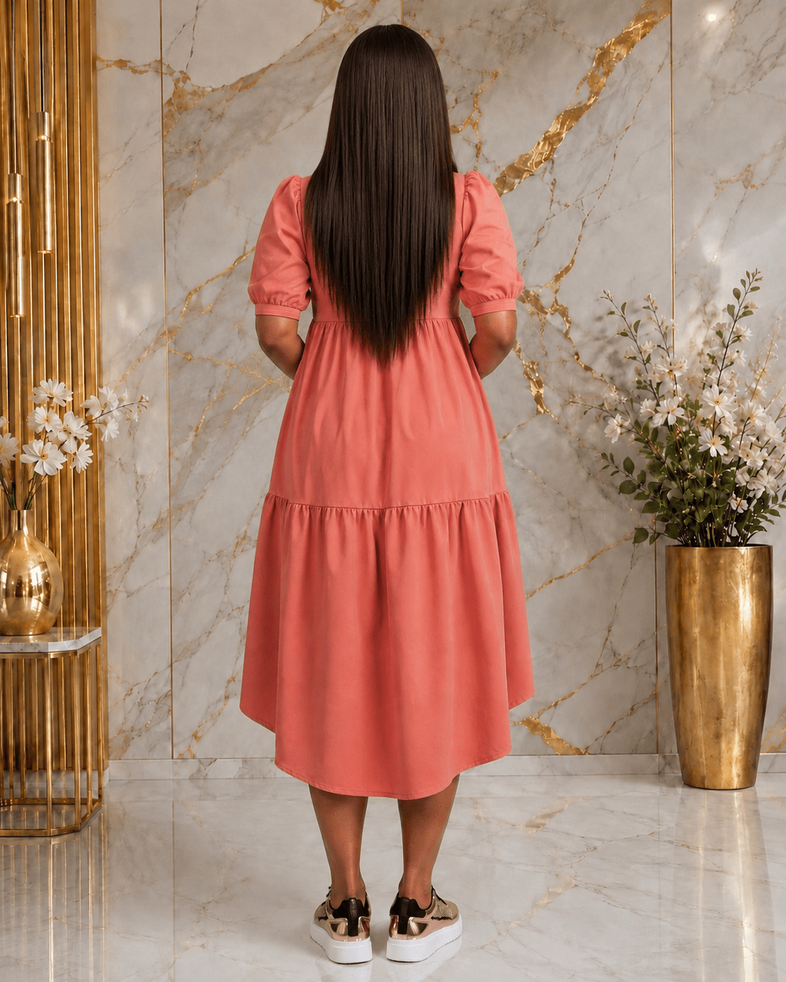 Women’s Tiered High-Low Midi Dress – Elegant Puff Sleeve Round Neck Casual Babydoll Dress - Midi Dresses - Cherubim Aura