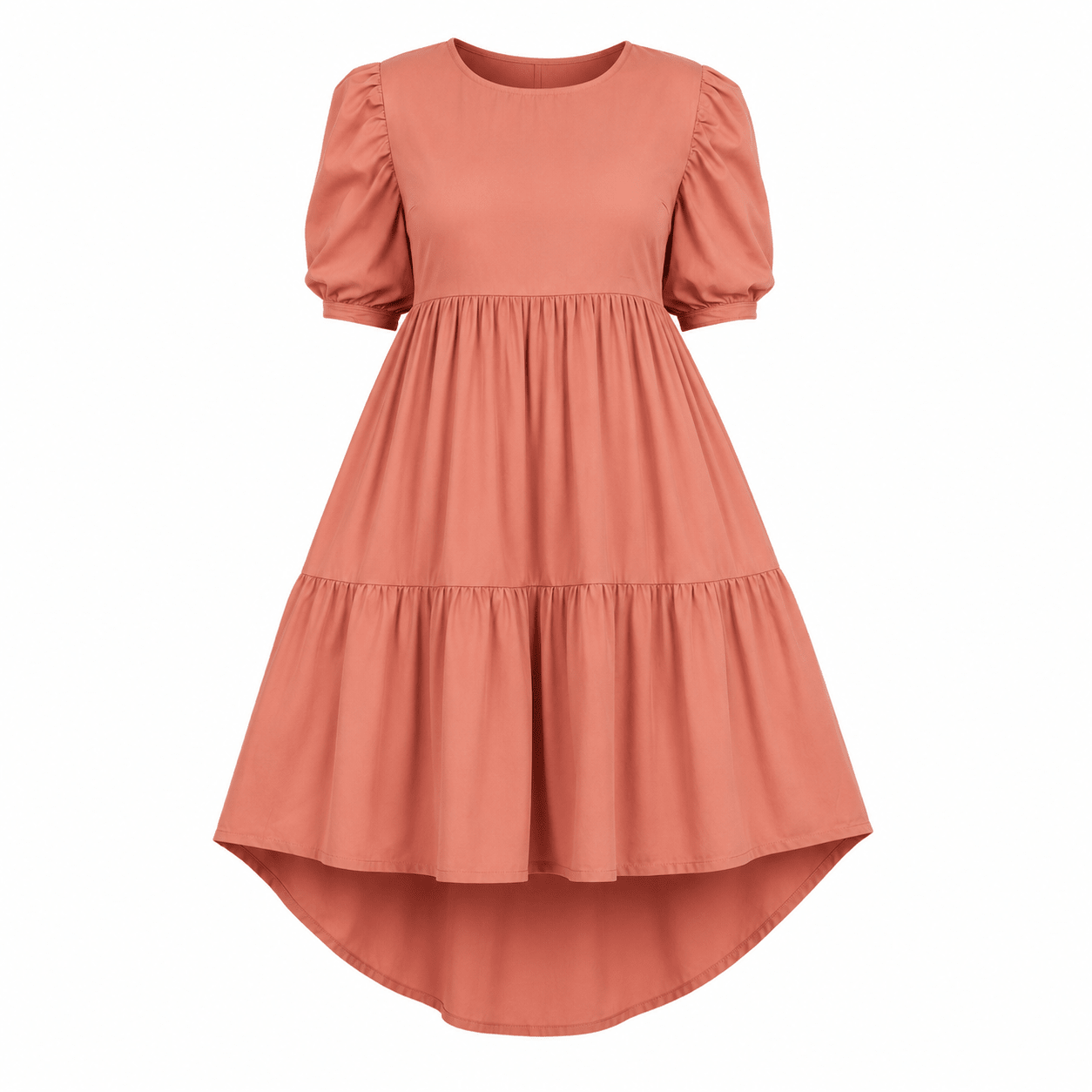 Women’s Tiered High-Low Midi Dress – Elegant Puff Sleeve Round Neck Casual Babydoll Dress - Midi Dresses - Cherubim Aura