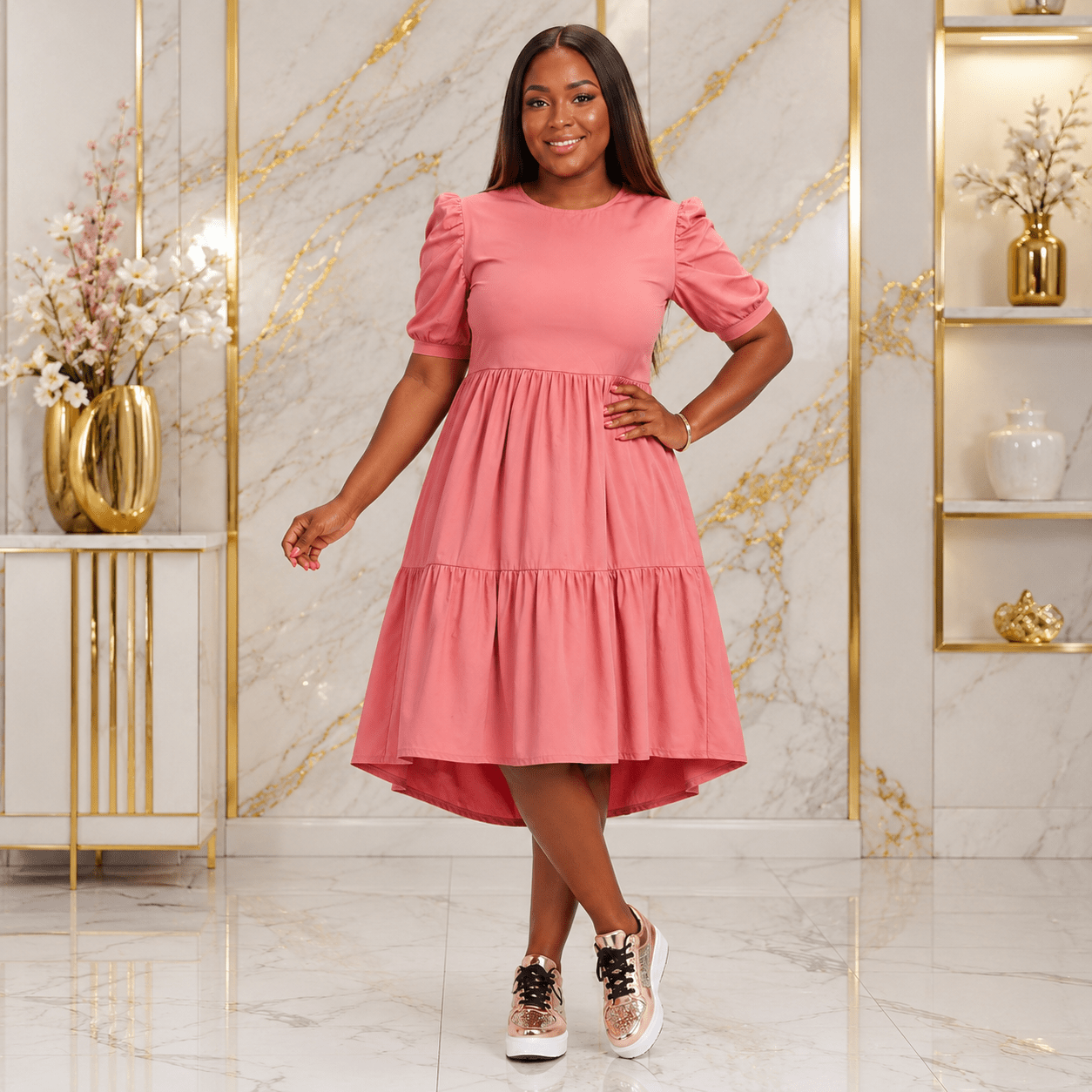 Women’s Tiered High-Low Midi Dress – Elegant Puff Sleeve Round Neck Casual Babydoll Dress - Midi Dresses - Cherubim Aura