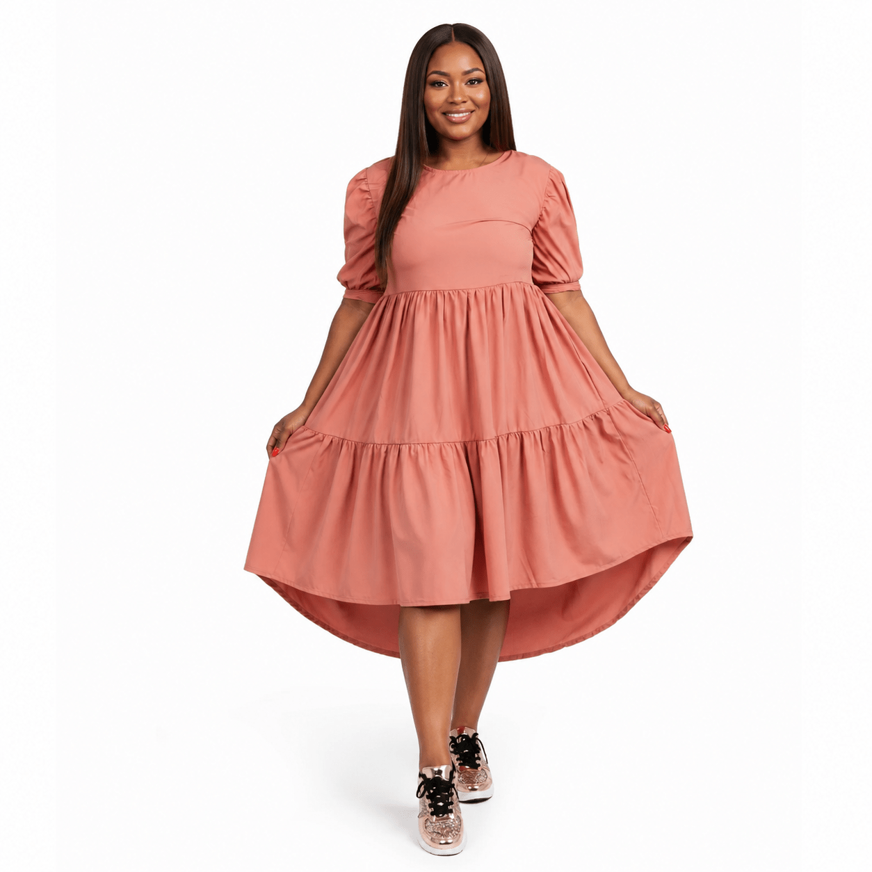 Women’s Tiered High-Low Midi Dress – Elegant Puff Sleeve Round Neck Casual Babydoll Dress - Midi Dresses - Cherubim Aura