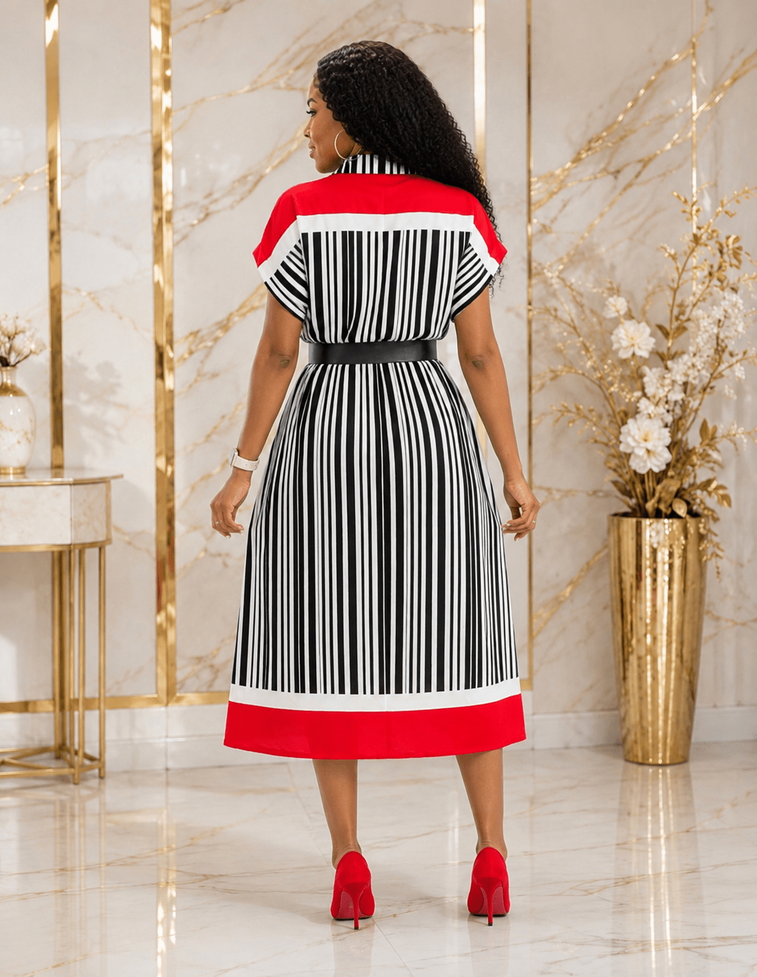 Women's Vertical Stripe Shirt Midi Dress – Color Block Collared Belted Casual Dress in Black, White & Red - Midi Dresses - Cherubim Aura