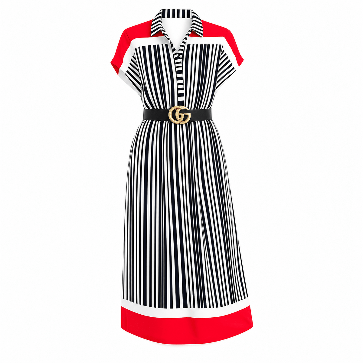 Women's Vertical Stripe Shirt Midi Dress – Color Block Collared Belted Casual Dress in Black, White & Red - Midi Dresses - Cherubim Aura