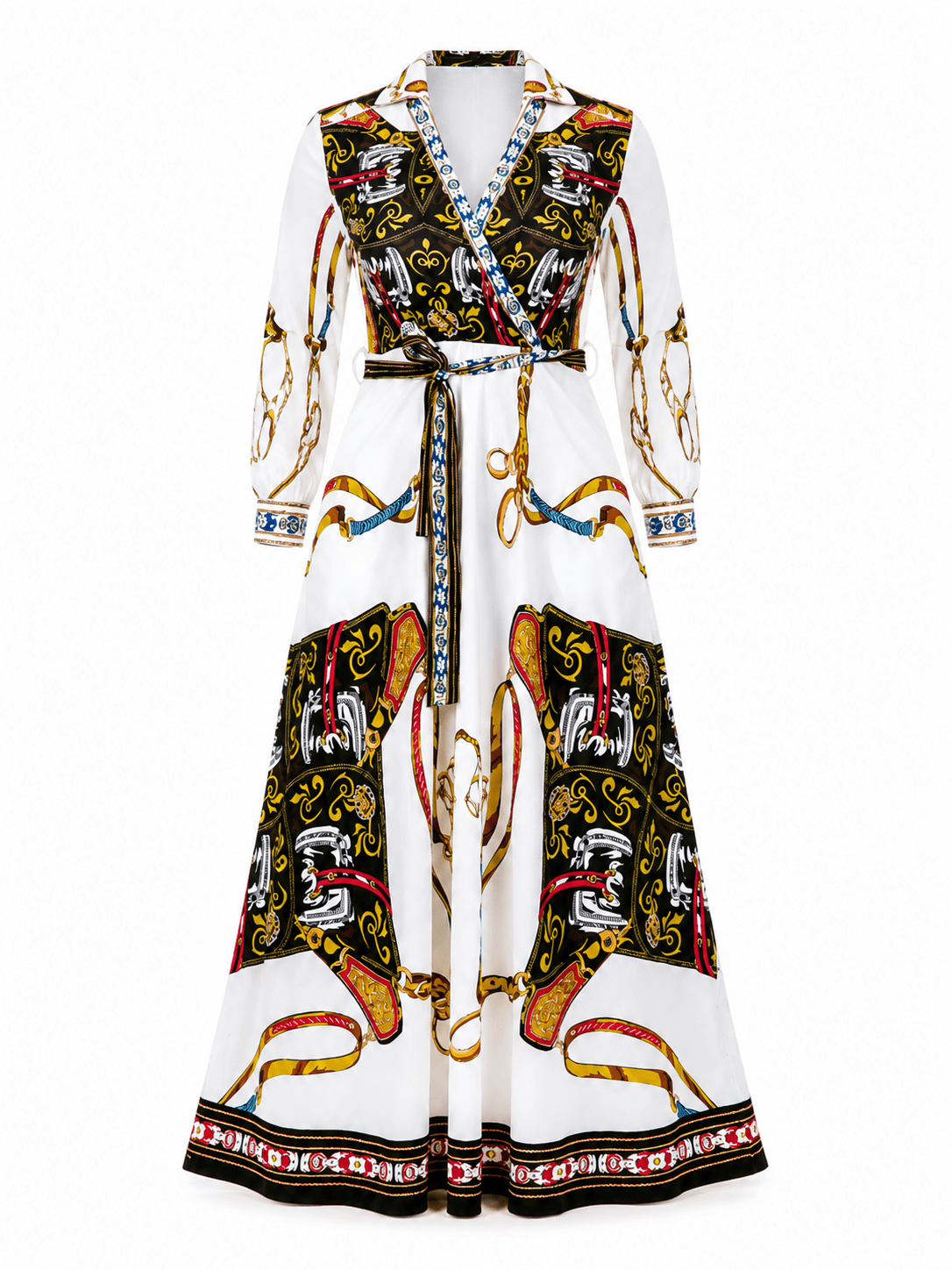 Women's White & Black Luxury Print Wrap Maxi Dress with Belt – Long Sleeve Collared Elegant Formal Occasion Dress with Pockets - Maxi Dress - Cherubim Aura