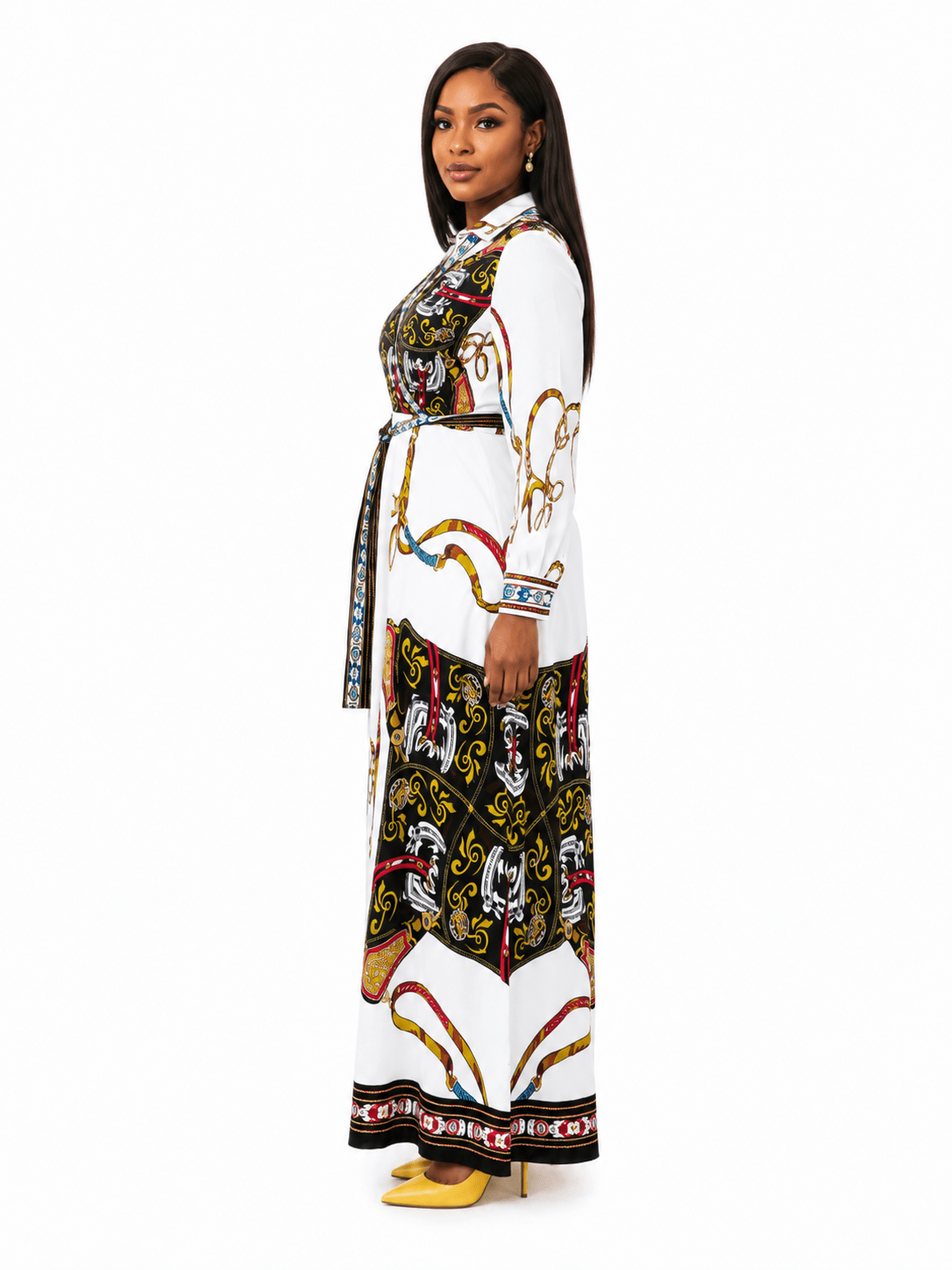 Women's White & Black Luxury Print Wrap Maxi Dress with Belt – Long Sleeve Collared Elegant Formal Occasion Dress with Pockets - Maxi Dress - Cherubim Aura