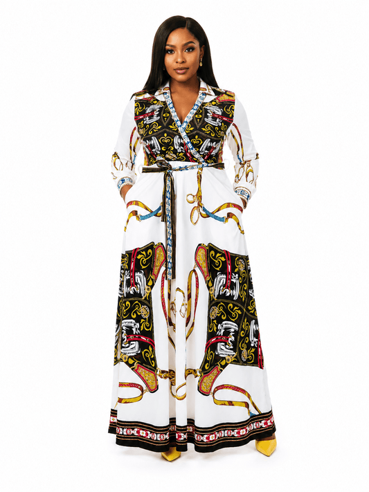 Women's White & Black Luxury Print Wrap Maxi Dress with Belt – Long Sleeve Collared Elegant Formal Occasion Dress with Pockets - Maxi Dress - Cherubim Aura