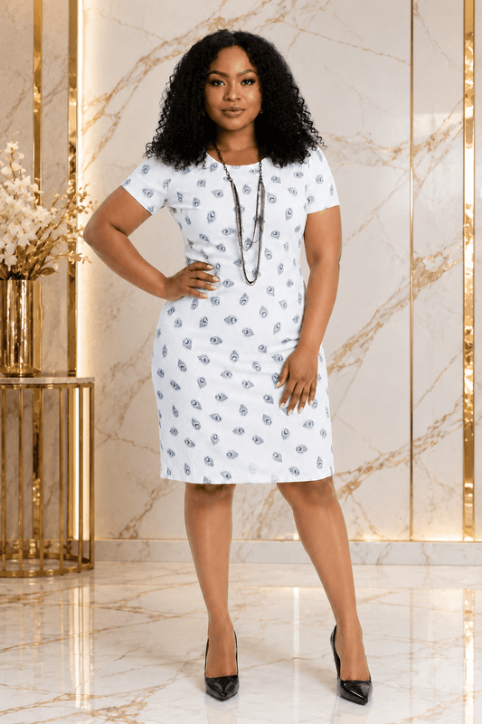 Women's White & Blue Printed Shift Dress – Short Sleeve Knee Length Casual Dress - Midi Dresses - Cherubim Aura