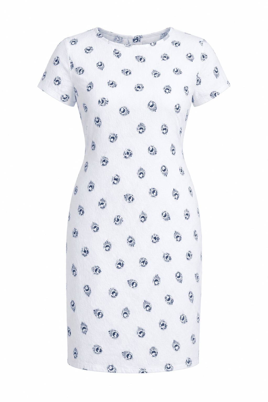 Women's White & Blue Printed Shift Dress – Short Sleeve Knee Length Casual Dress - Midi Dresses - Cherubim Aura