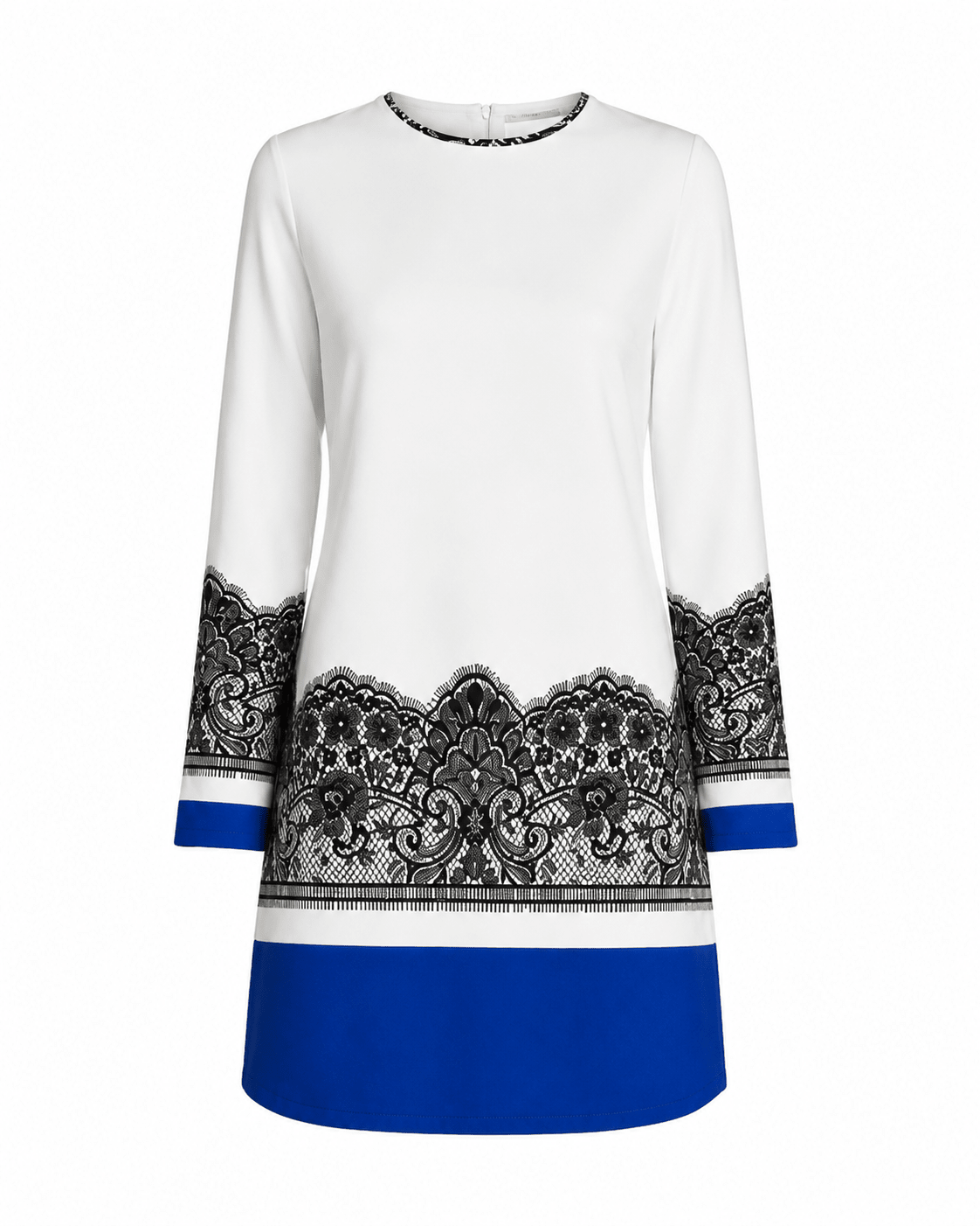 Women's White Lace Print Shift Mini Dress – Long Sleeve Colour Block Tunic Dress - Mini Dress - Cherubim Aura