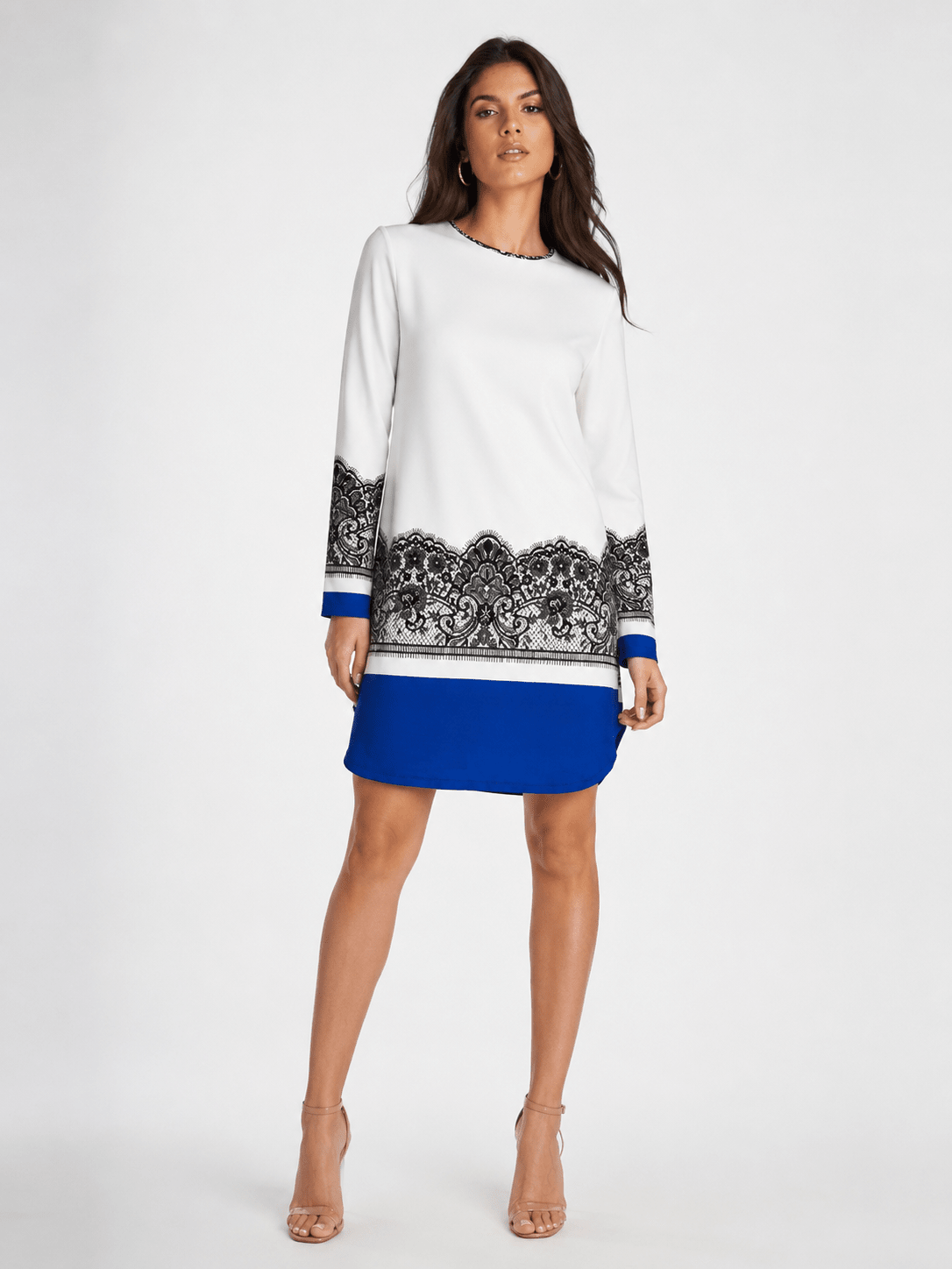 Women's White Lace Print Shift Mini Dress – Long Sleeve Colour Block Tunic Dress - Mini Dress - Cherubim Aura