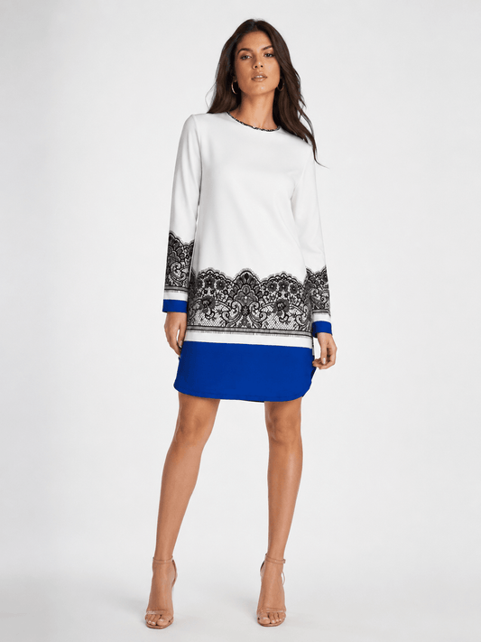 Women's White Lace Print Shift Mini Dress – Long Sleeve Colour Block Tunic Dress - Mini Dress - Cherubim Aura