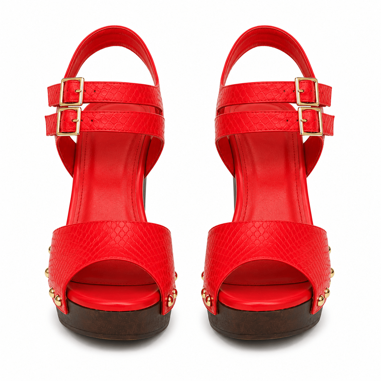 Women's Wooden Platform Block Heel Sandals – Open Toe Double Buckle Slingback Heels – Red, Blue, Black & Brown - Footwear - Cherubim Aura