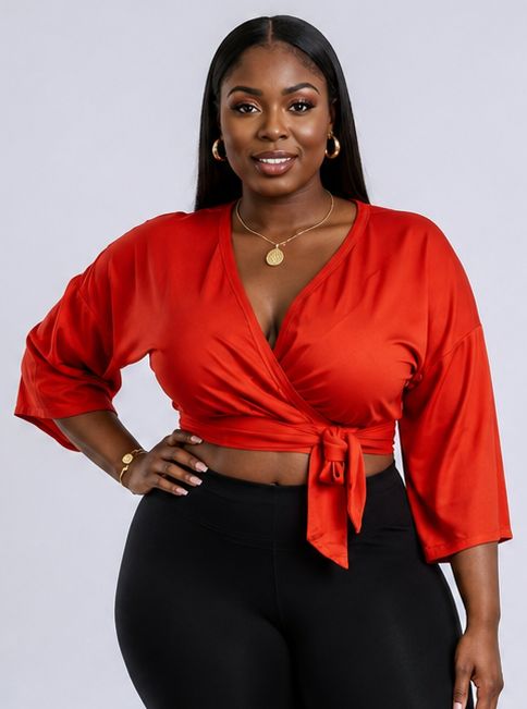 Women’s Wrap Front Crop Top – V-Neck 3/4 Sleeve Tie-Waist Blouse – Red & Orange – UK 10–14 - Top - Cherubim Aura