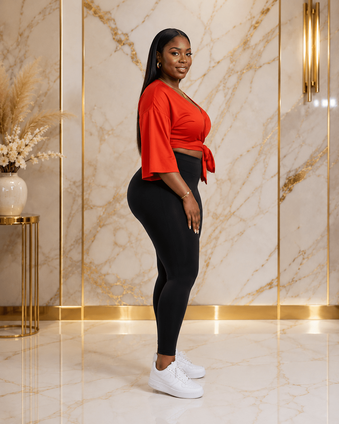 Women’s Wrap Front Crop Top – V-Neck 3/4 Sleeve Tie-Waist Blouse – Red & Orange – UK 10–14 - Top - Cherubim Aura