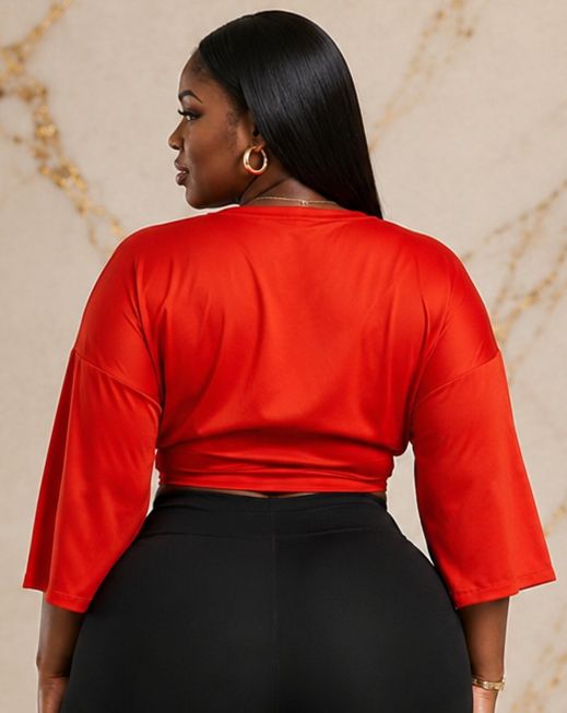 Women’s Wrap Front Crop Top – V-Neck 3/4 Sleeve Tie-Waist Blouse – Red & Orange – UK 10–14 - Top - Cherubim Aura