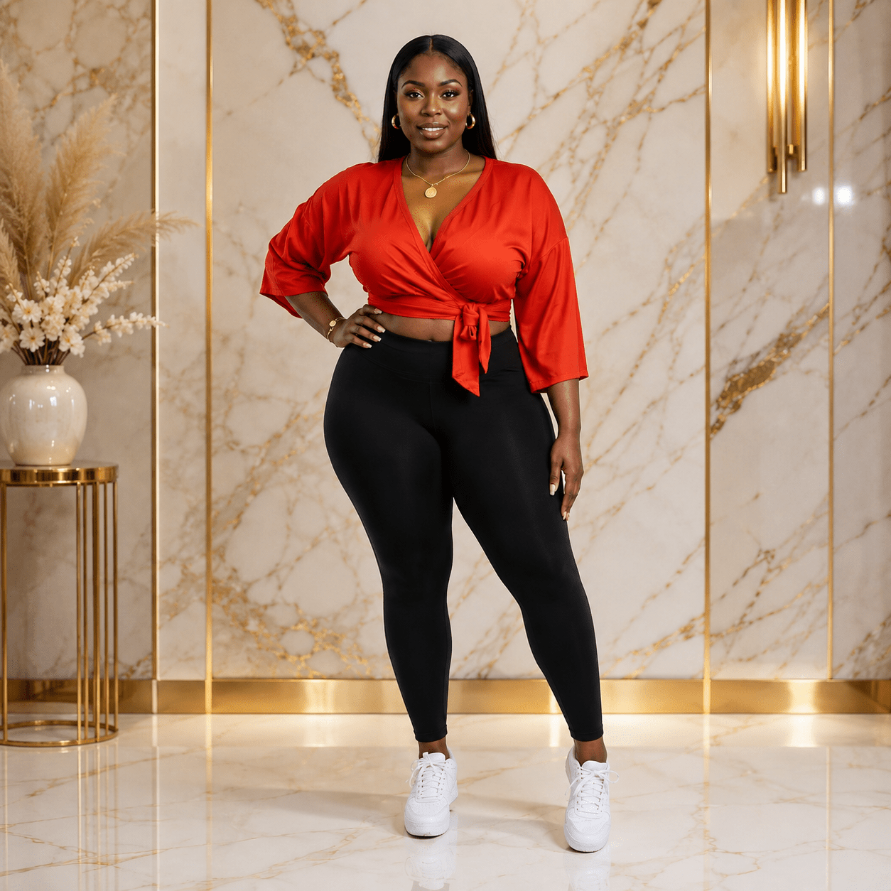 Women’s Wrap Front Crop Top – V-Neck 3/4 Sleeve Tie-Waist Blouse – Red & Orange – UK 10–14 - Top - Cherubim Aura