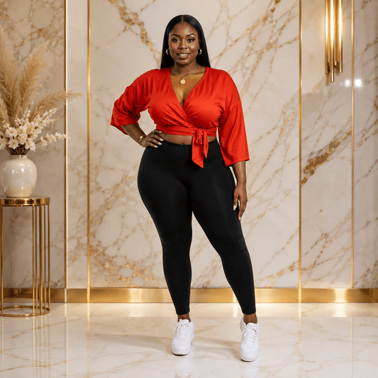 Women’s Wrap Front Crop Top – V-Neck 3/4 Sleeve Tie-Waist Blouse – Red & Orange – UK 10–14 - Top - Cherubim Aura
