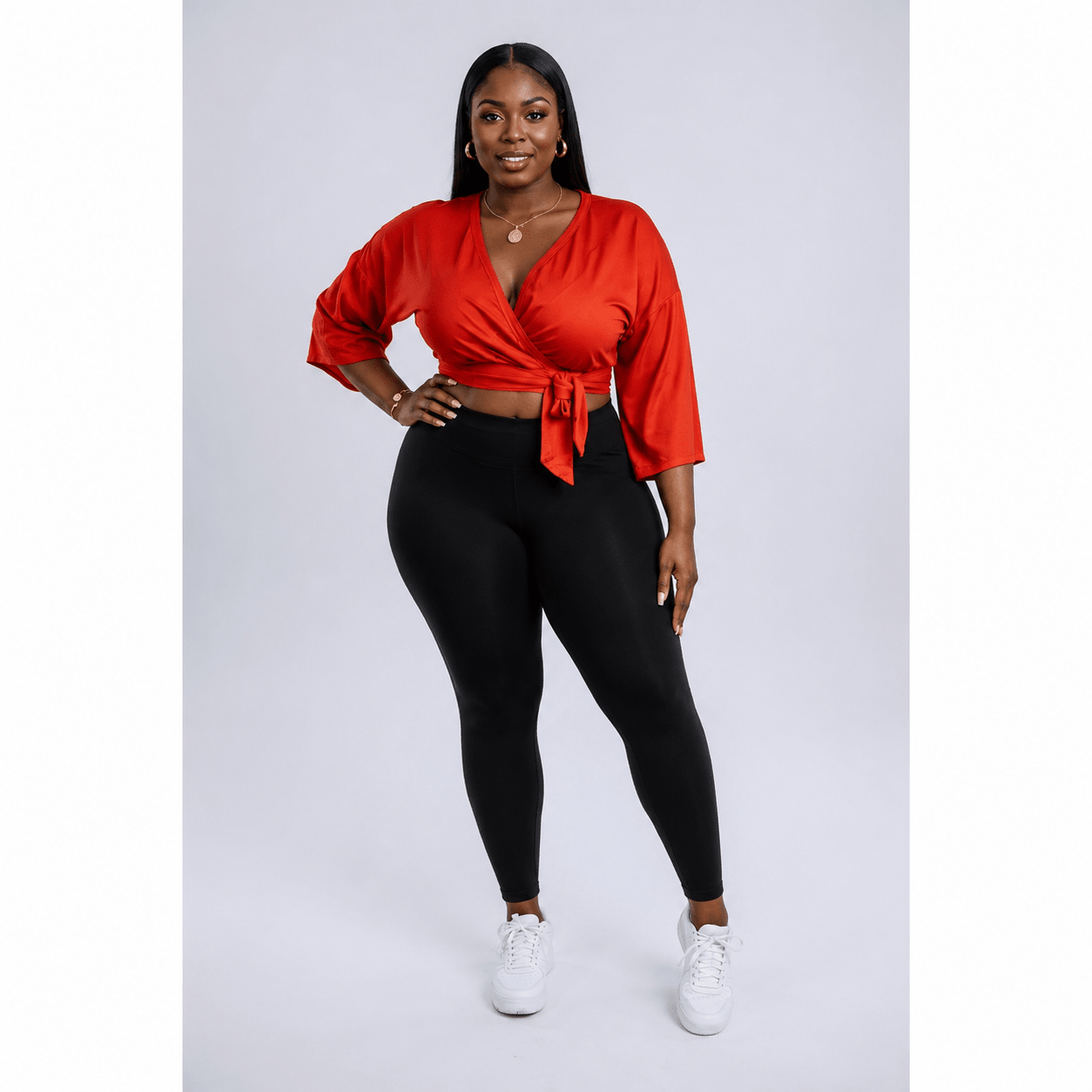 Women’s Wrap Front Crop Top – V-Neck 3/4 Sleeve Tie-Waist Blouse – Red & Orange – UK 10–14 - Top - Cherubim Aura