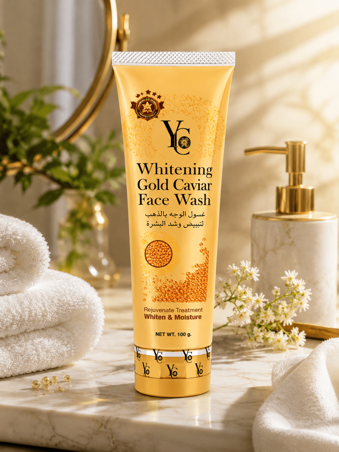 YC Whitening Gold Caviar Face Wash 100g – Brightening & Moisturising Facial Cleanser with Niacinamide, Caviar & Ginseng Extract - Skincare - Cherubim Aura