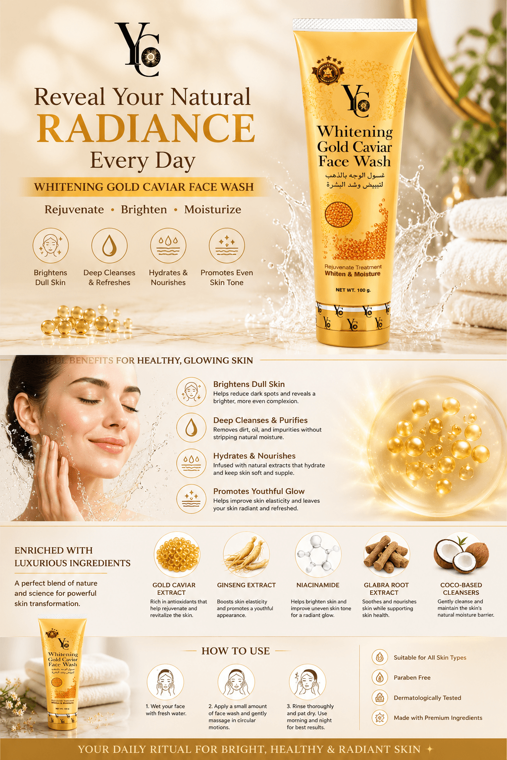 YC Whitening Gold Caviar Face Wash 100g – Brightening & Moisturising Facial Cleanser with Niacinamide, Caviar & Ginseng Extract - Skincare - Cherubim Aura