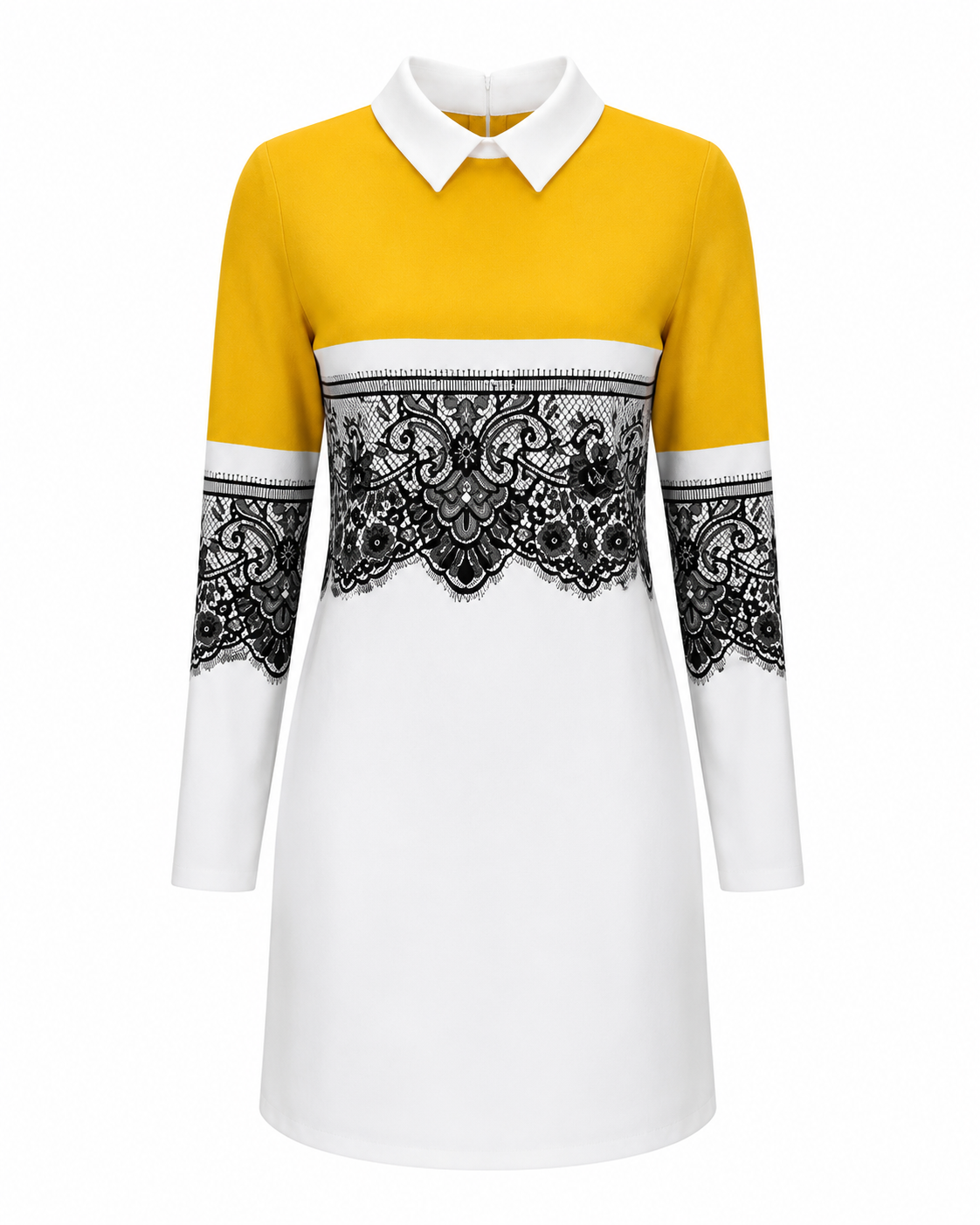 A long-sleeve collared dress with a yellow upper bodice, white lower bodice and sleeves, and a wide black lace panel across the chest and upper sleeves, shown on a plain white background.