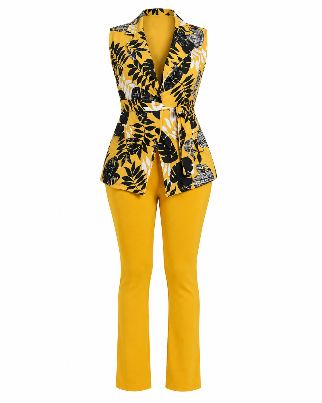 A women's two-piece outfit featuring a sleeveless wrap-style vest with a black and white tropical leaf print over a yellow base, paired with solid mustard yellow pants, shown on a plain white background.