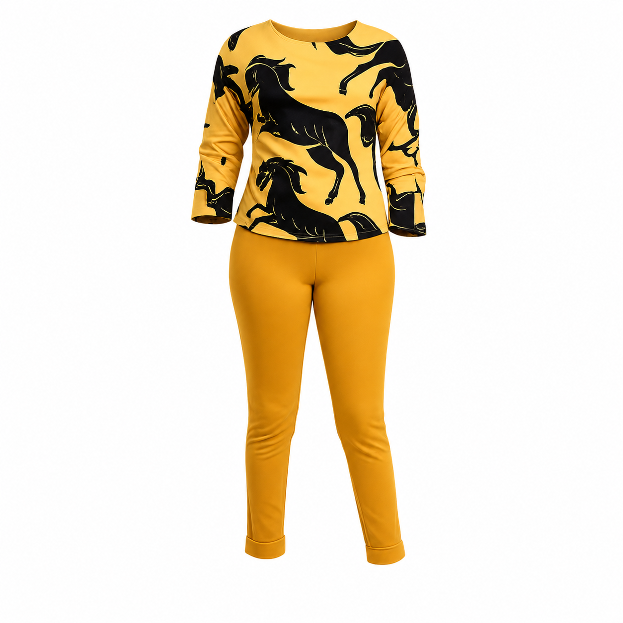 A two-piece women's lounge set featuring a long-sleeve top with a black horse pattern on a mustard yellow background, paired with matching solid mustard yellow pants, shown on a plain white background.