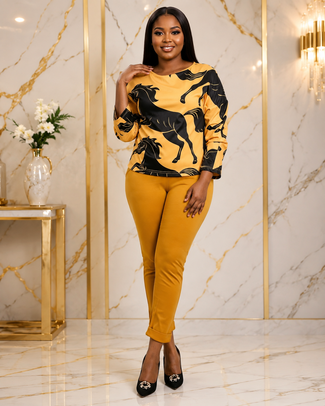 A woman modeling a two-piece outfit consisting of a yellow long-sleeve top with a black horse print and matching mustard yellow pants, standing in a luxury interior with gold-trimmed marble walls.