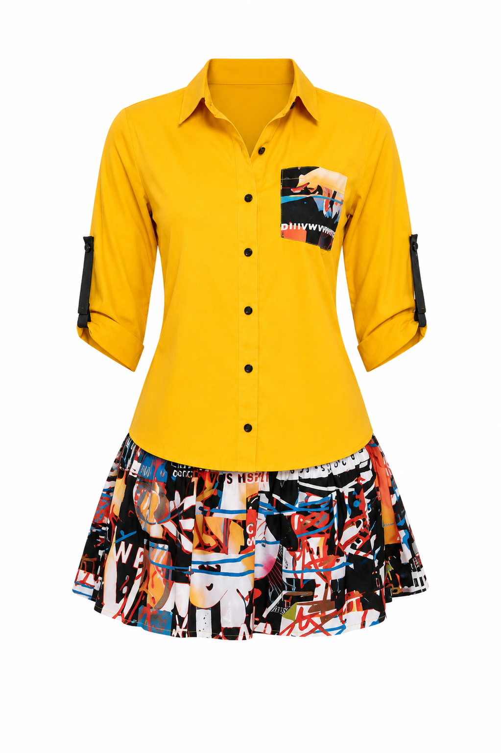 A women's short-sleeve button-up shirt dress in bright yellow, featuring a graphic collage print on the chest pocket and a matching multicolor abstract print flared skirt, shown against a plain white background.