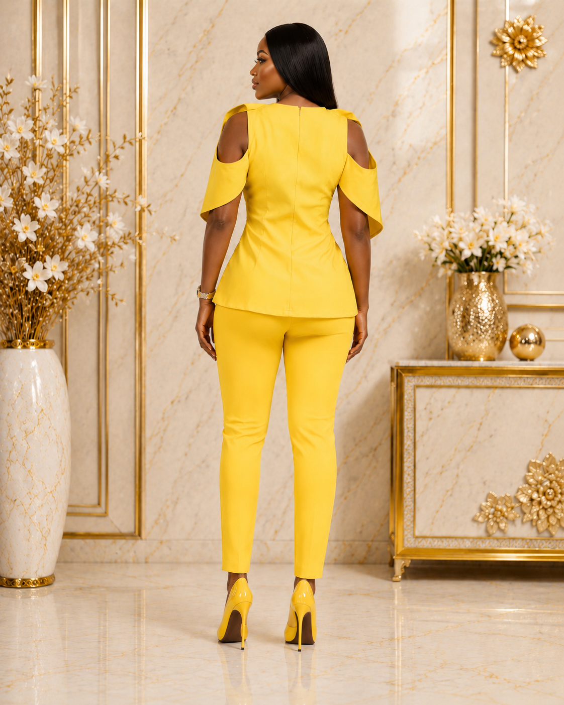 Women's Cold Shoulder Button Detail Top & Slim Fit Trouser Set – Elegant Two Piece Outfit (Yellow, White & Red)