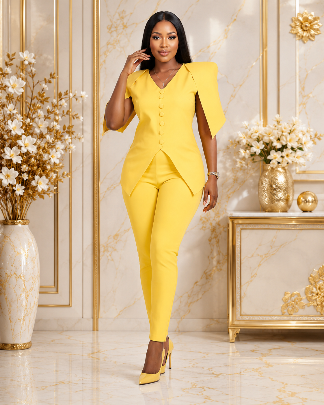 A woman modeling a bright yellow two-piece suit consisting of a short-sleeve button-front top with structured shoulders and matching slim-fit pants, styled with yellow heels in an elegant gold and cream interior.
