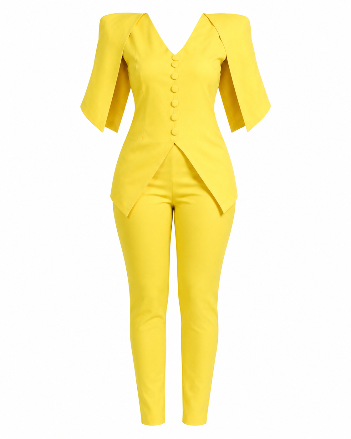 Women's Cold Shoulder Button Detail Top & Slim Fit Trouser Set – Elegant Two Piece Outfit (Yellow, White & Red)