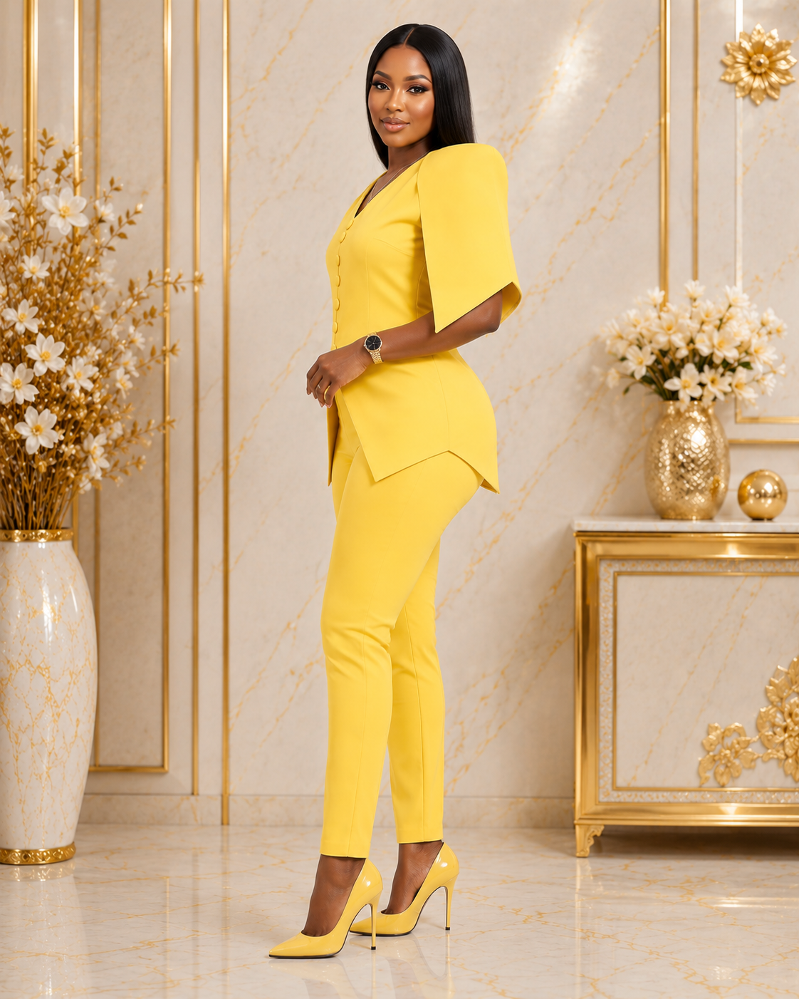 Women's Cold Shoulder Button Detail Top & Slim Fit Trouser Set – Elegant Two Piece Outfit (Yellow, White & Red)