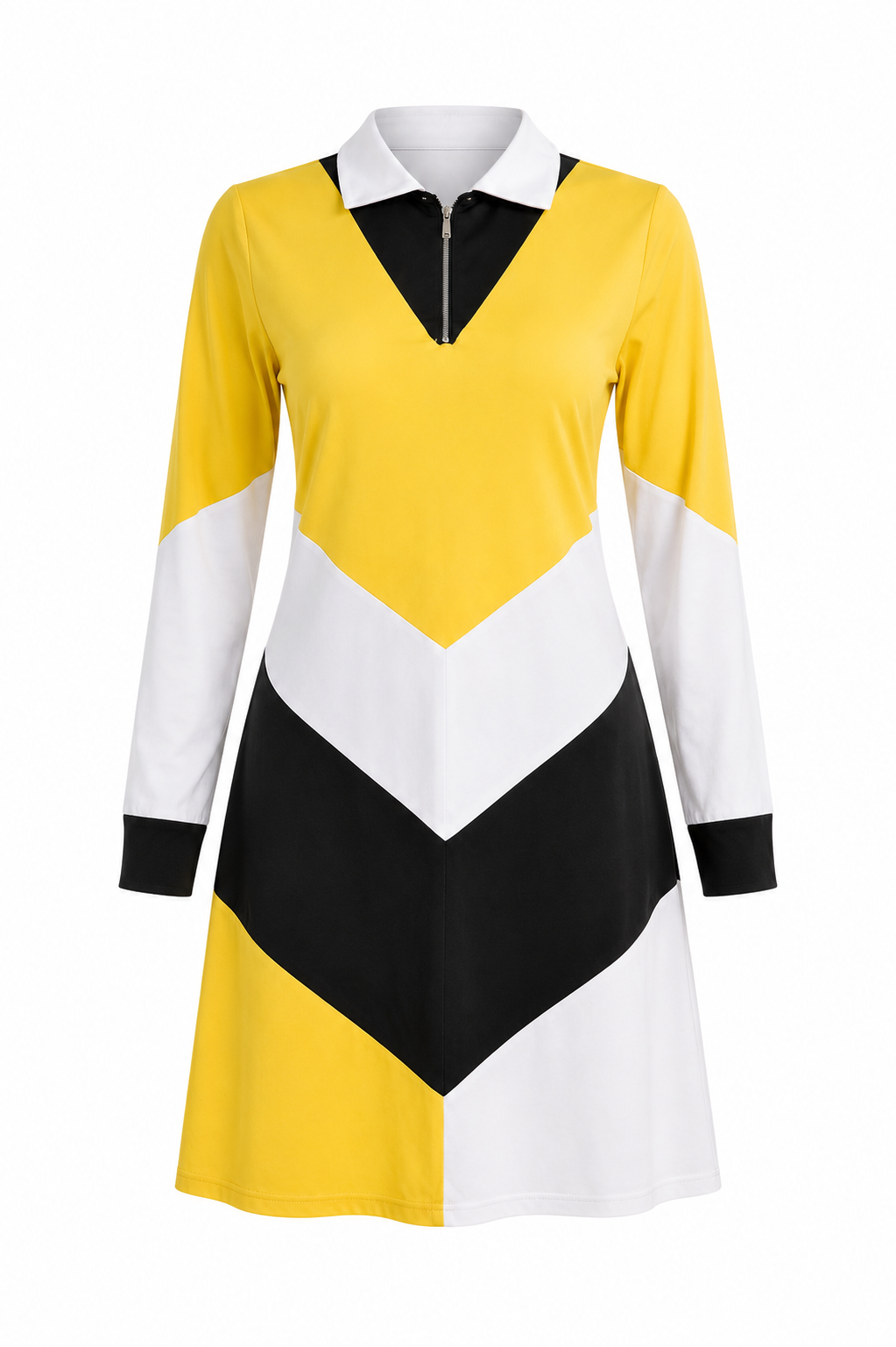 A long-sleeve colorblock polo dress with a split yellow, white, and black chevron design, featuring a white collar and a split V-neckline with a zipper.