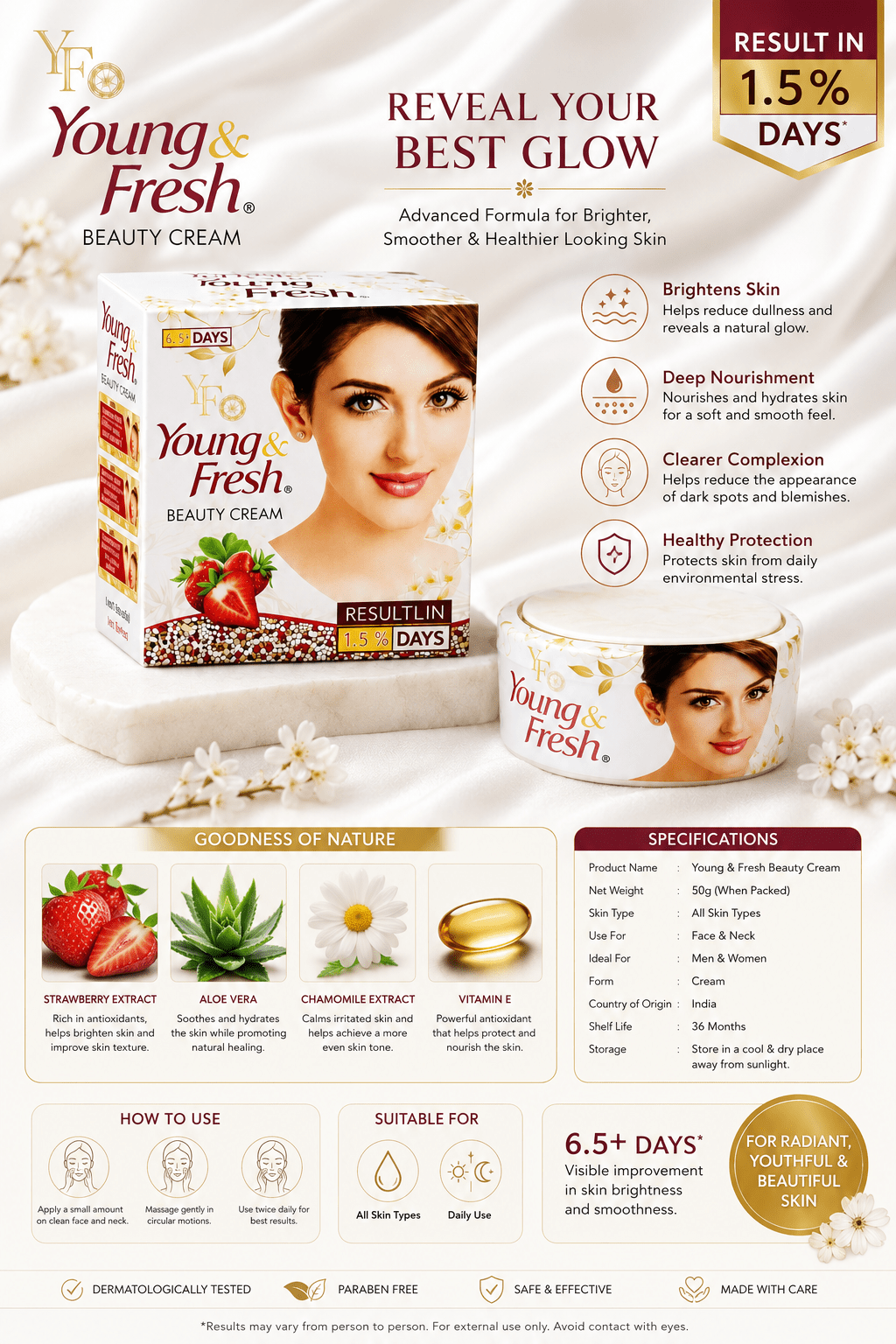 Young & Fresh Beauty Cream 50g – Brightening & Moisturising Face & Neck Cream with Strawberry, Aloe Vera, Chamomile & Vitamin E - Skincare - Cherubim Aura